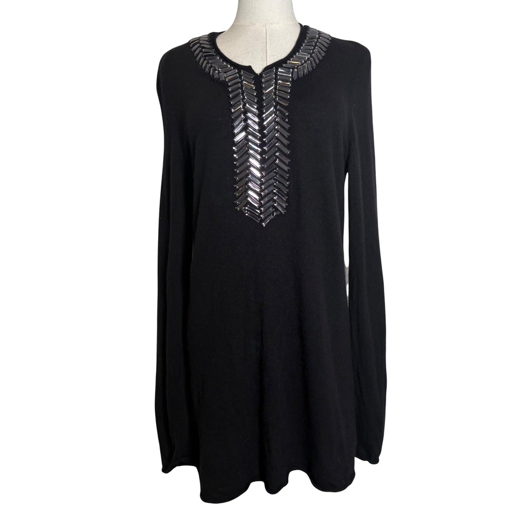 Tory Burch Black Wool Beaded Tunic Sweater Split Neck Baguette Beads Medium